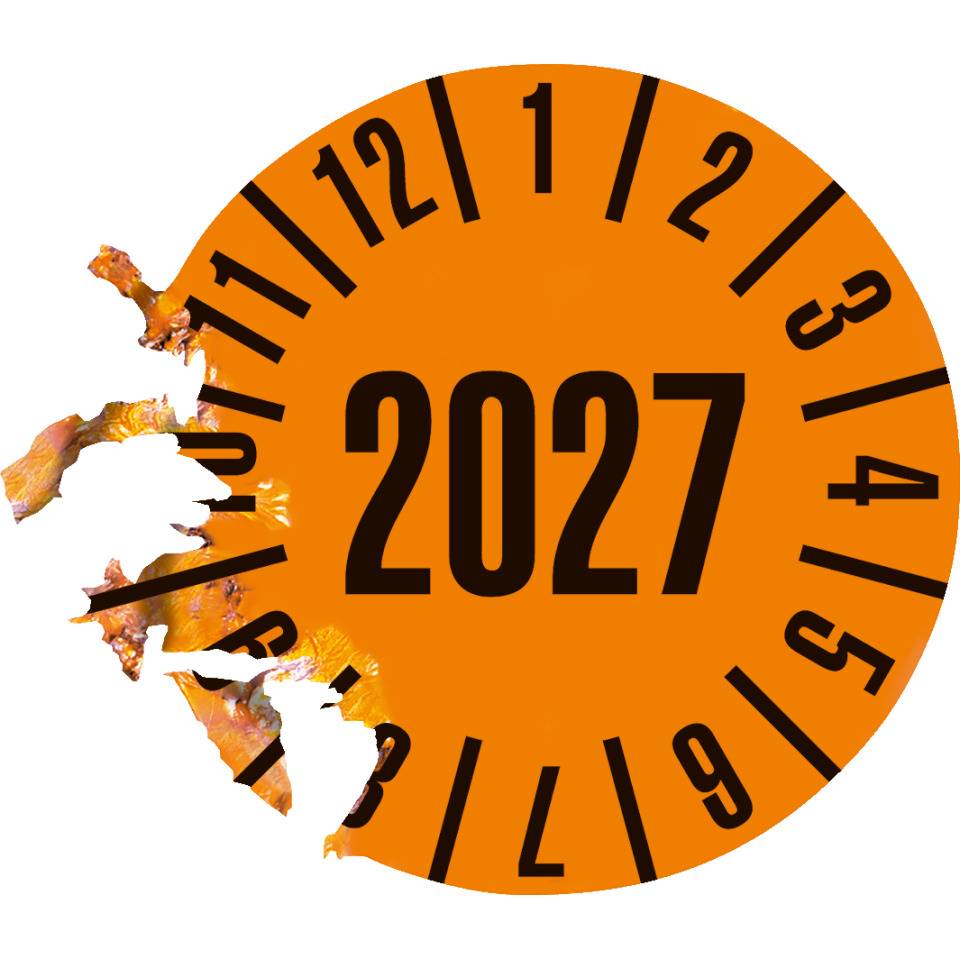 Prüfplakette 2027, orange, Dokumentenfolie, selbstklebend, Ø 25mm, 105/Heft