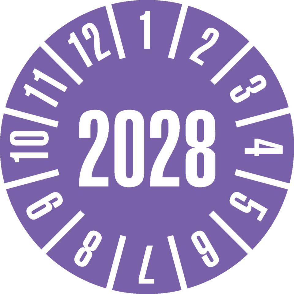 Prüfplakette 2028, violett, Dokumentenfolie, selbstklebend, Ø 25mm, 500/Rolle