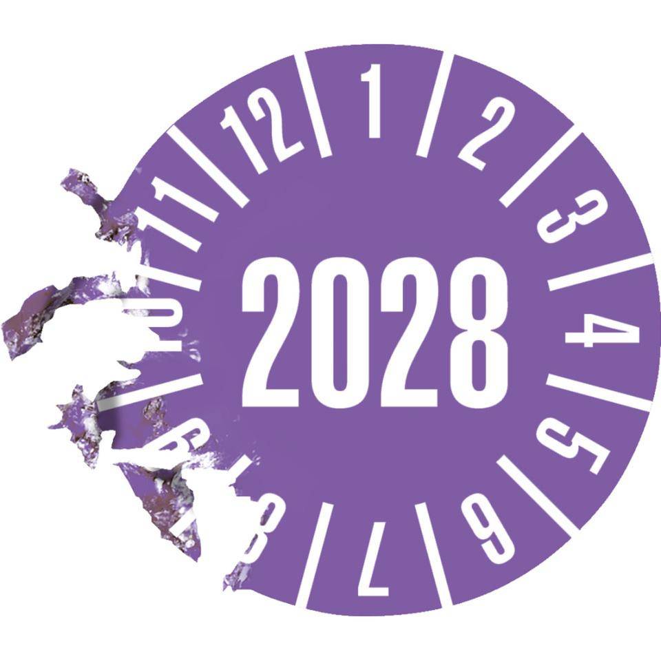 Prüfplakette 2028, violett, Dokumentenfolie, selbstklebend, Ø 25mm, 500/Rolle