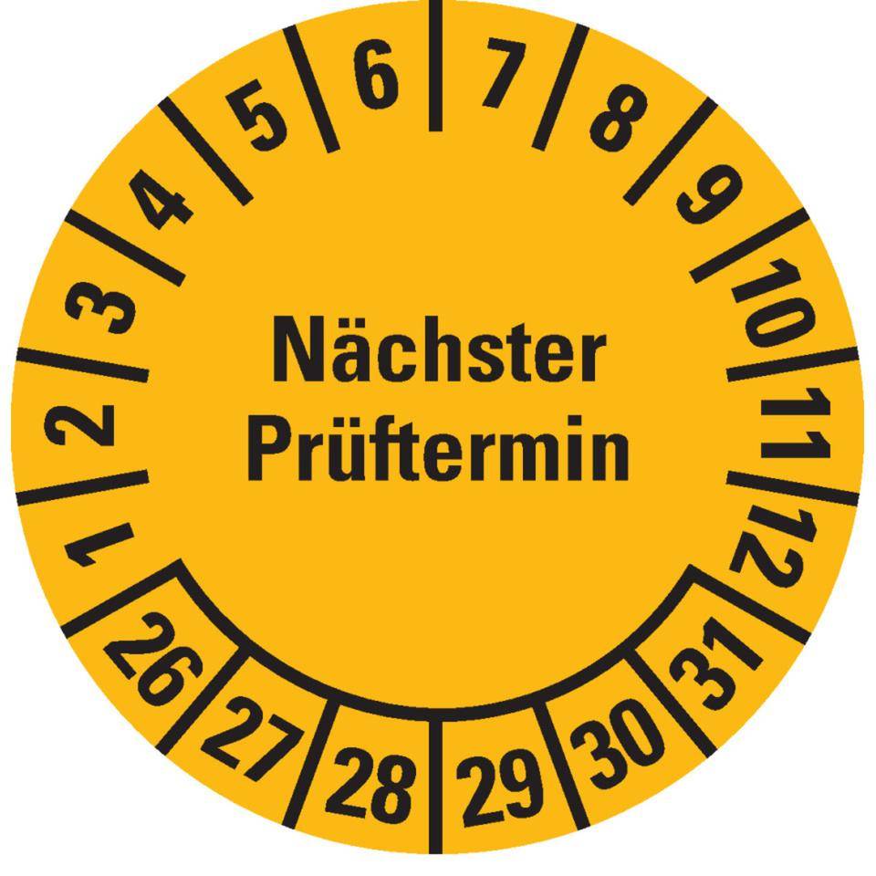Prüfplakette Nächster Prüftermin 26-31, gelb, Dokumentenfolie, Ø 30mm, 500/Rolle