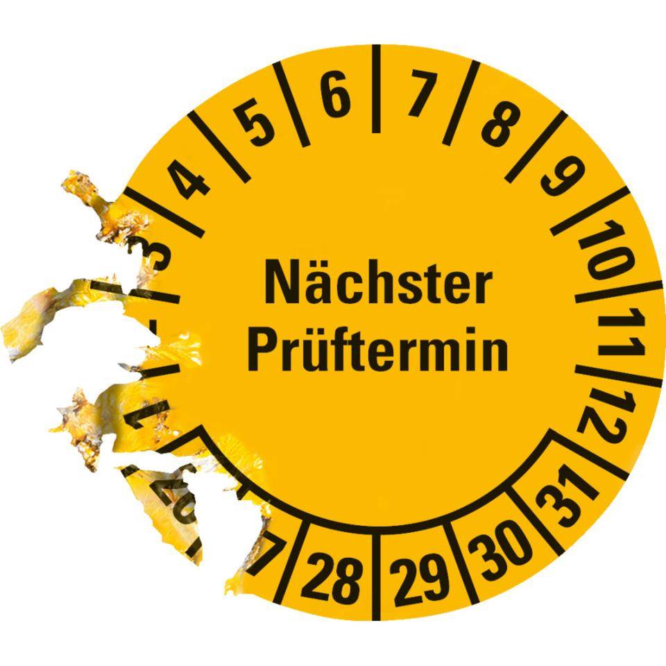 Prüfplakette Nächster Prüftermin 26-31, gelb, Dokumentenfolie, Ø 25mm, 500/Rolle