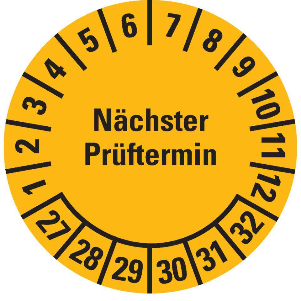 Prüfplakette Nächster Prüftermin, 27-32, gelb, Folie, ablösbar, Ø 25mm, 21/Bogen
