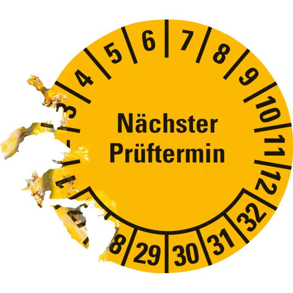 Prüfplakette Nächster Prüftermin 27-32, gelb, Dokumentenfolie, Ø25mm, 21/Bogen