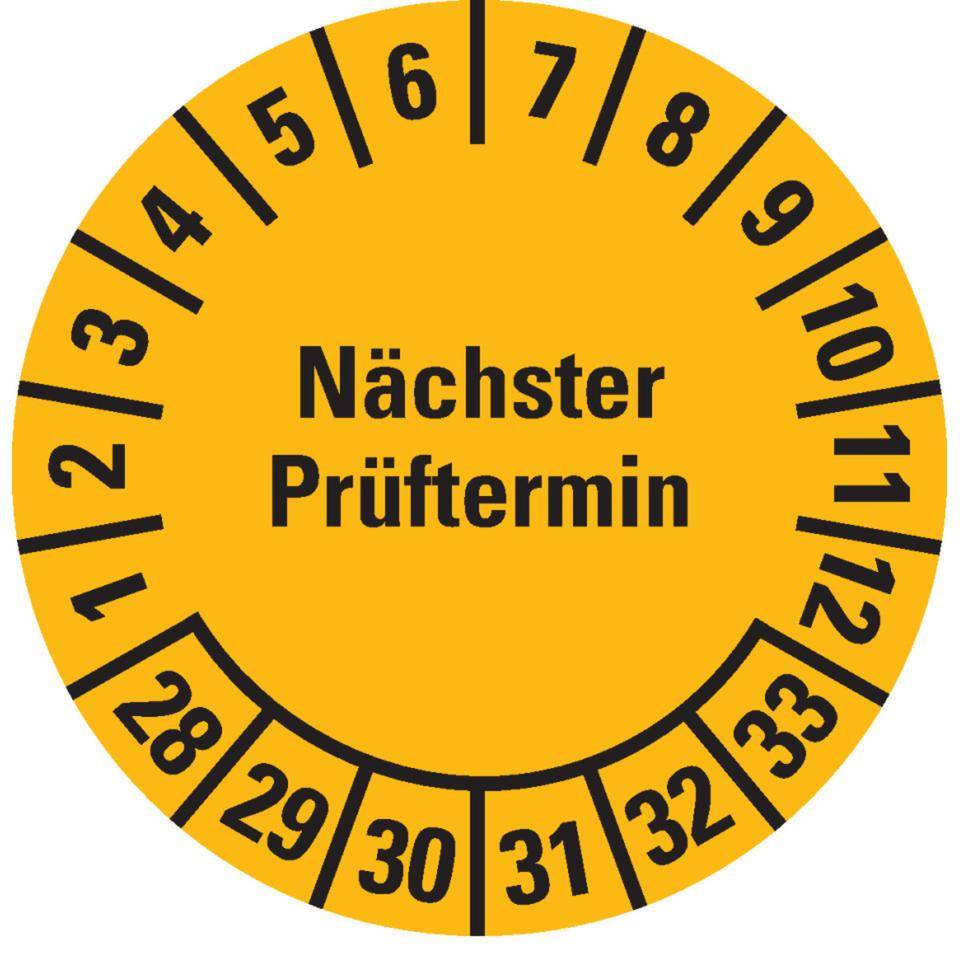 Prüfplakette Nächster Prüftermin 28-33, gelb, Dokumentenfolie, Ø30mm, 108/Heft