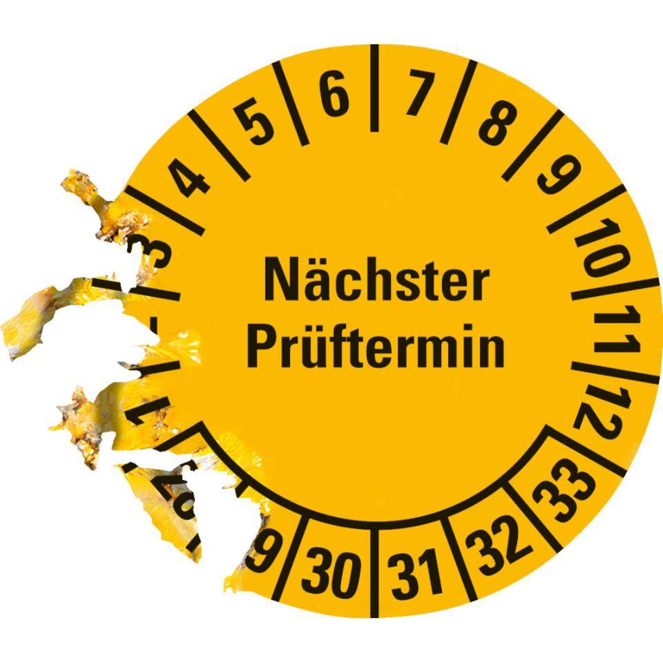 Prüfplakette Nächster Prüftermin 28-33, gelb, Dokumentenfolie, Ø30mm, 108/Heft