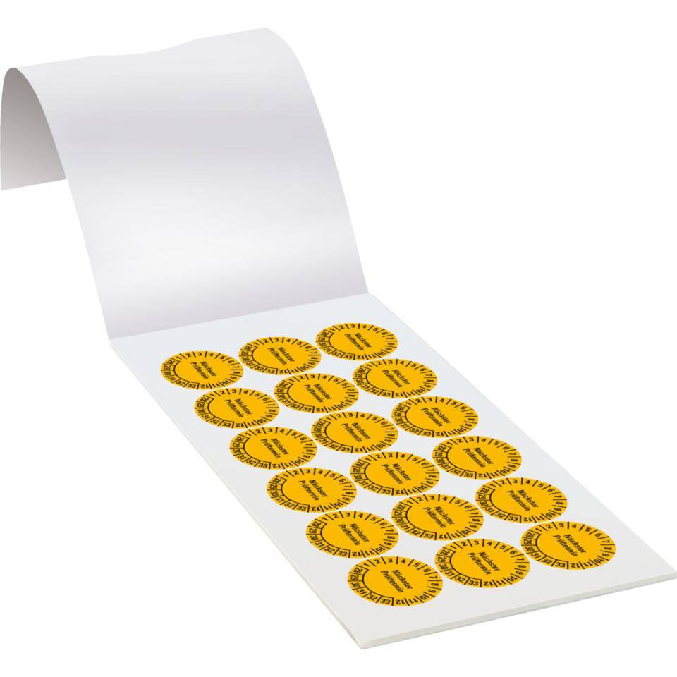 Prüfplakette Nächster Prüftermin 28-33, gelb, Dokumentenfolie, Ø30mm, 108/Heft