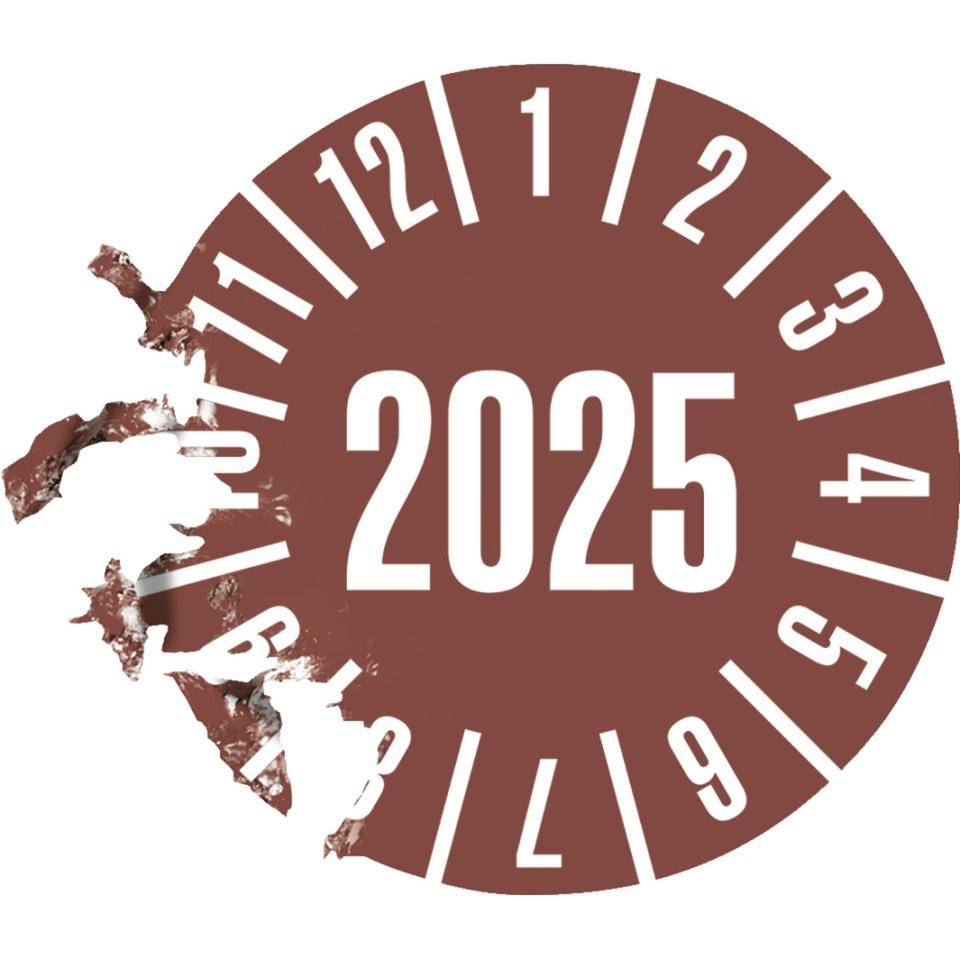 Prüfplakette 2025, braun, Dokumentenfolie, selbstklebend, Ø 35mm, 10/Bogen