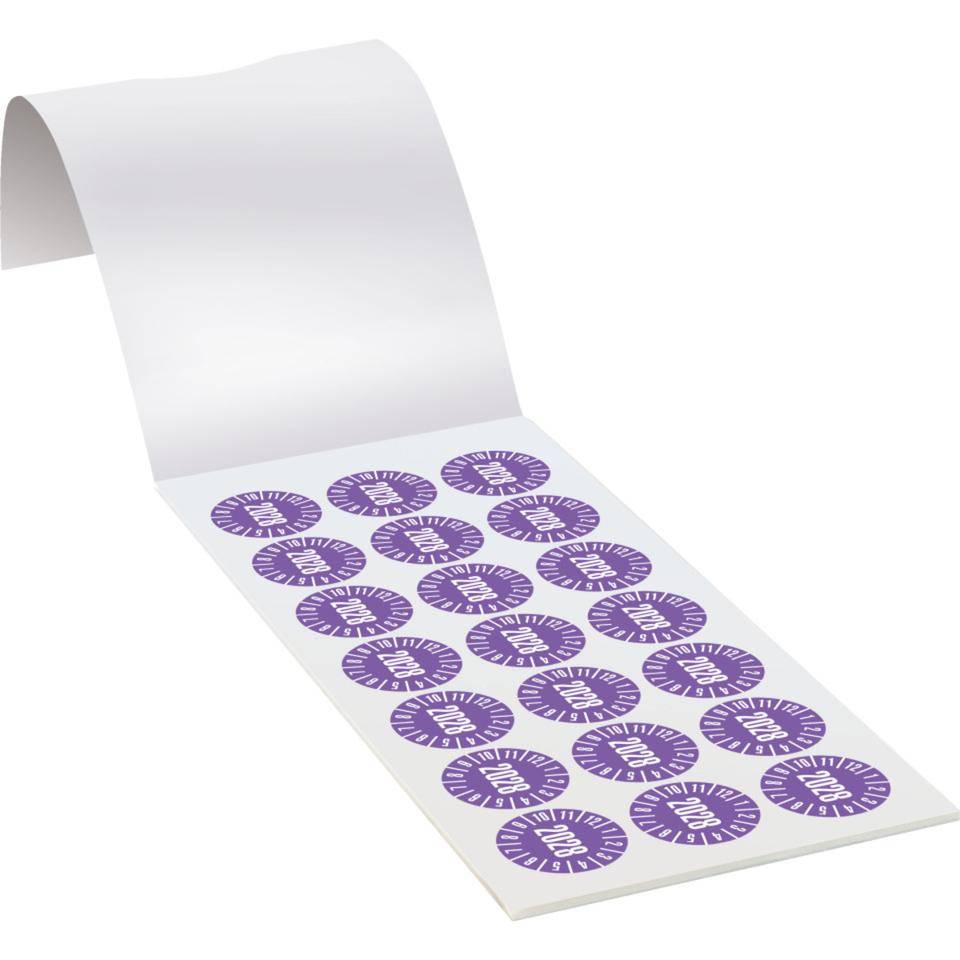 Prüfplakette 2028, violett, Dokumentenfolie, selbstklebend, Ø 25mm, 105/Heft