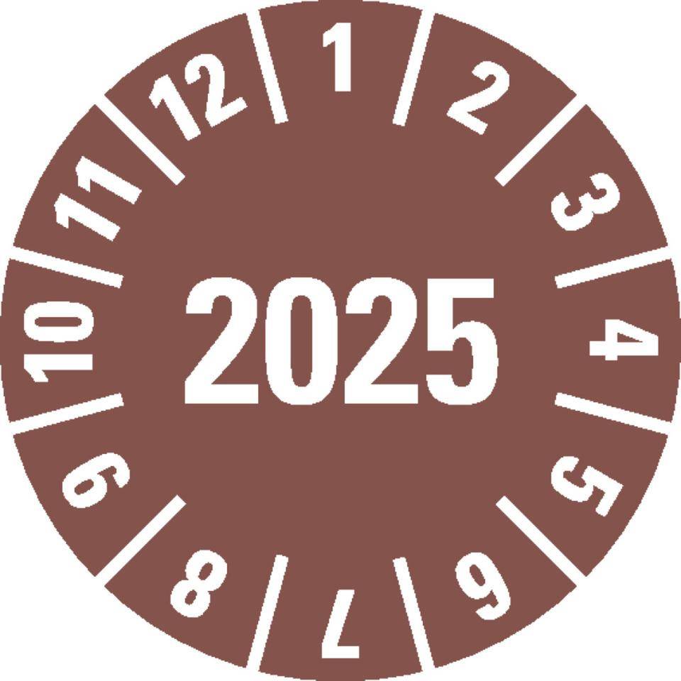 Prüfplakette 2025, braun, Dokumentenfolie, selbstklebend, Ø 15mm, 1000/Rolle