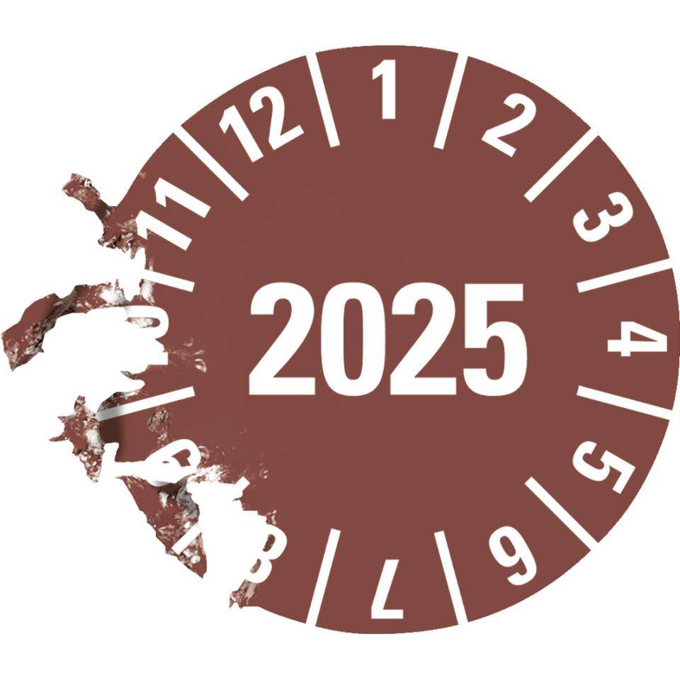 Prüfplakette 2025, braun, Dokumentenfolie, selbstklebend, Ø 15 mm, 420/Heft