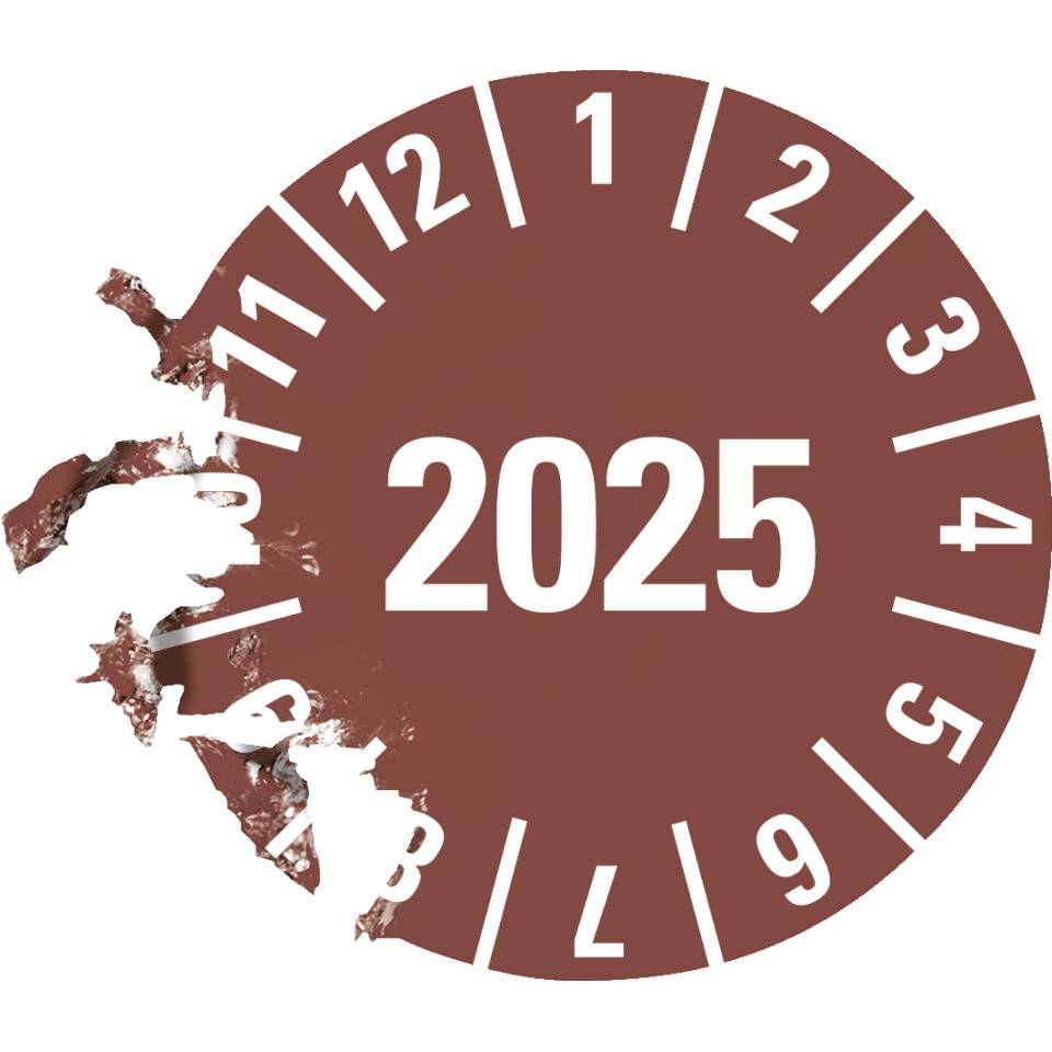 Prüfplakette 2025, braun, Dokumentenfolie, selbstklebend, Ø 15mm, 1000/Rolle