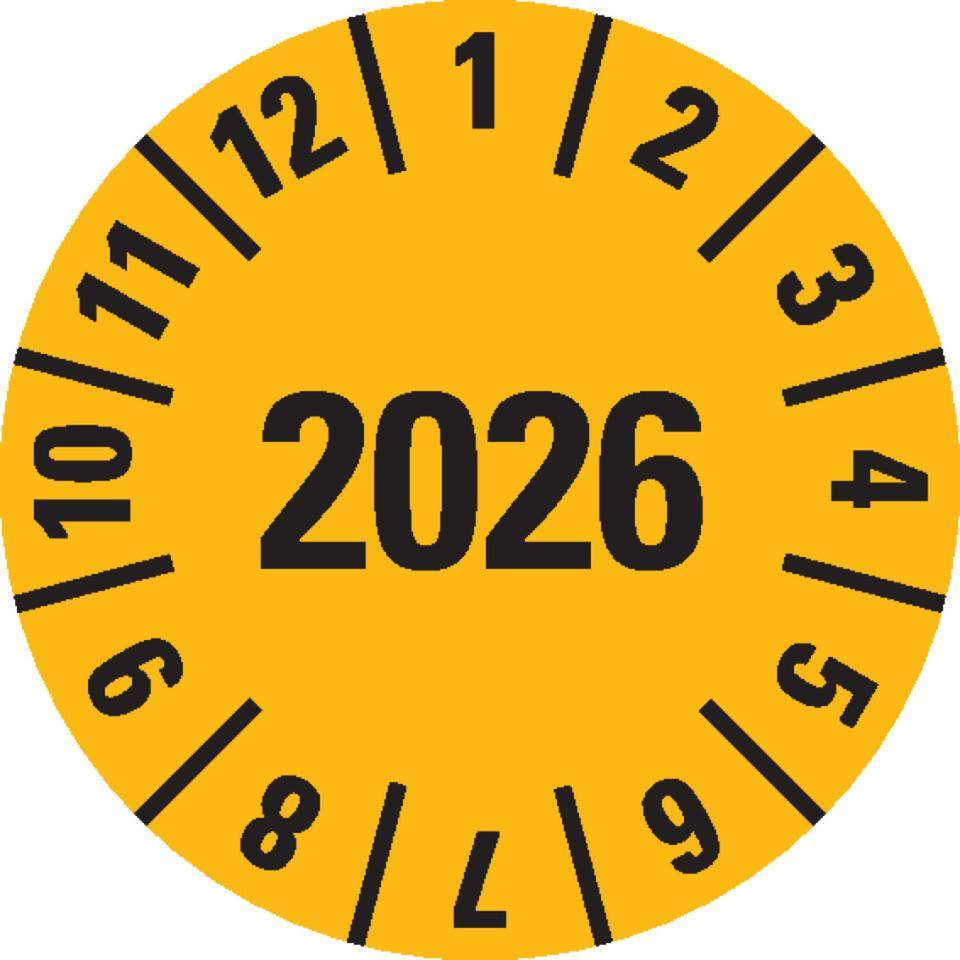 Prüfplakette 2026, gelb, Dokumentenfolie, selbstklebend, Ø 15mm, 60/Bogen