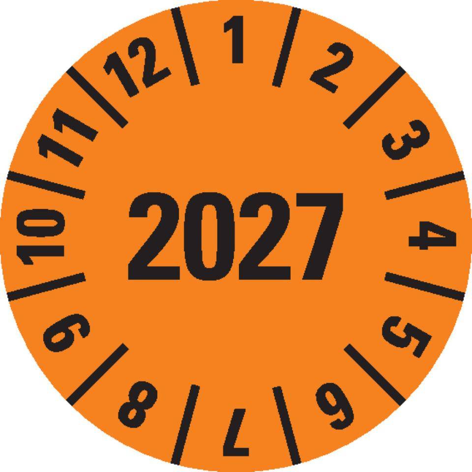 Prüfplakette 2027, orange, Dokumentenfolie, selbstklebend, Ø 15 mm, 420/Heft