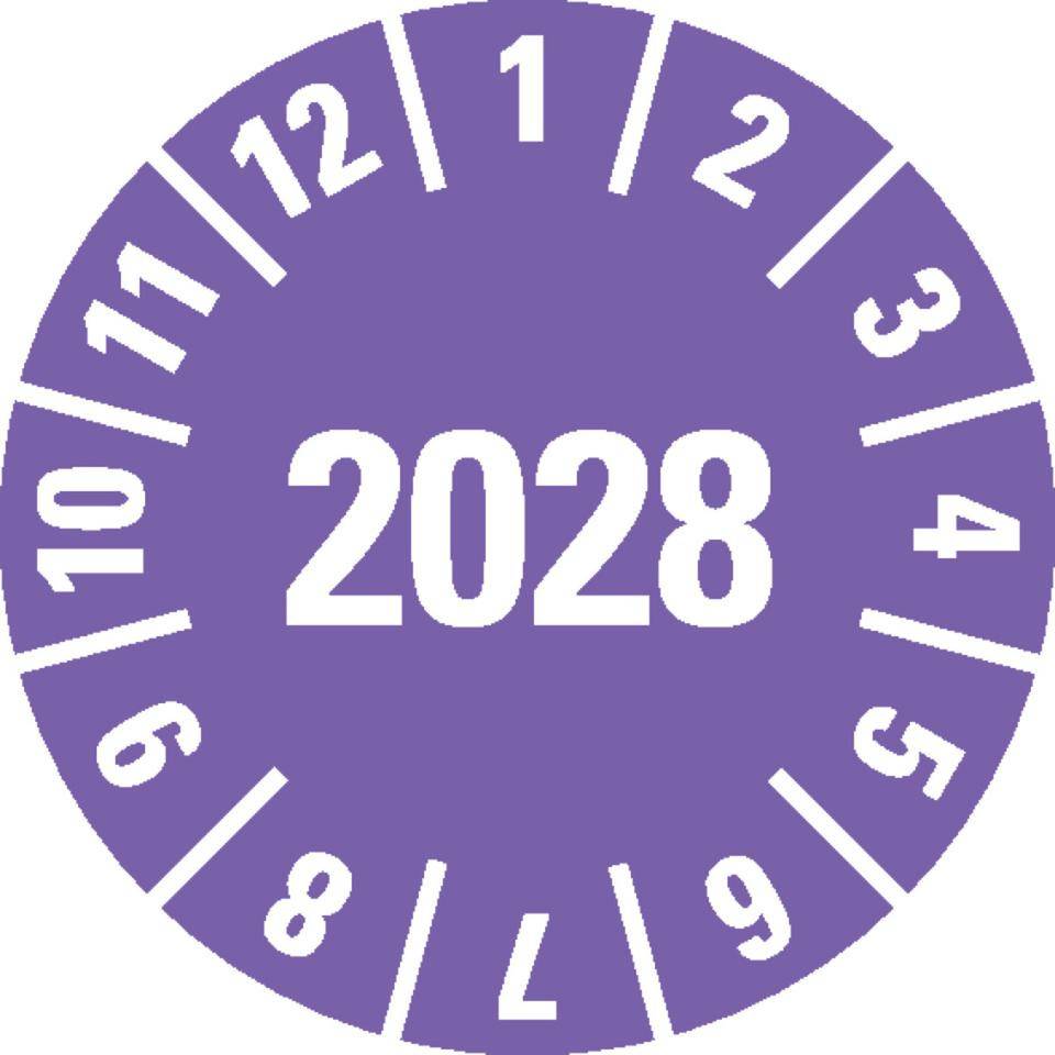 Jahresprüfplakette 2028, violett, Folie, ablösbar, Ø 10mm, 1000/Rolle