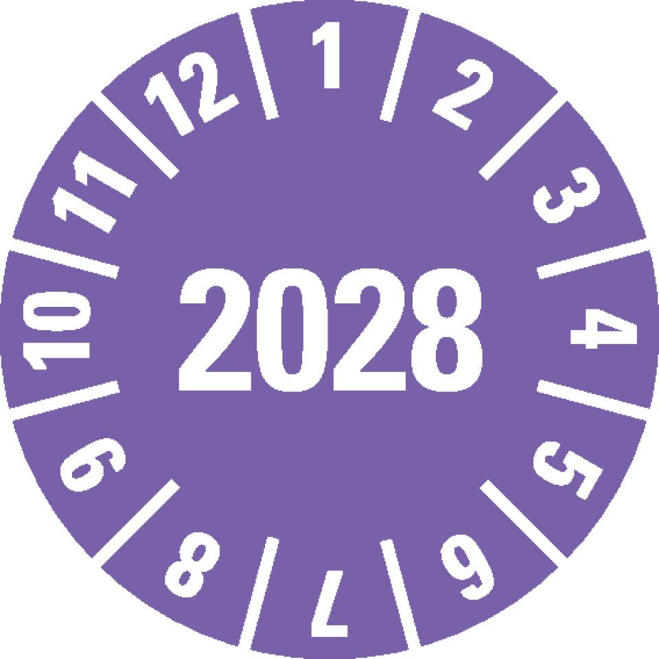 Prüfplakette 2028, violett, Folie, ablösbar, Ø 15mm, 420/Heft