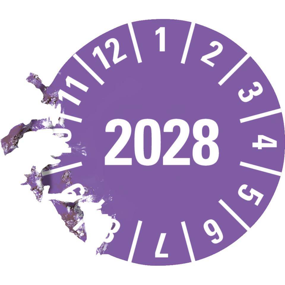 Jahresprüfplakette 2028, violett, Dokumentenfolie, Ø 10mm, 128/Bogen