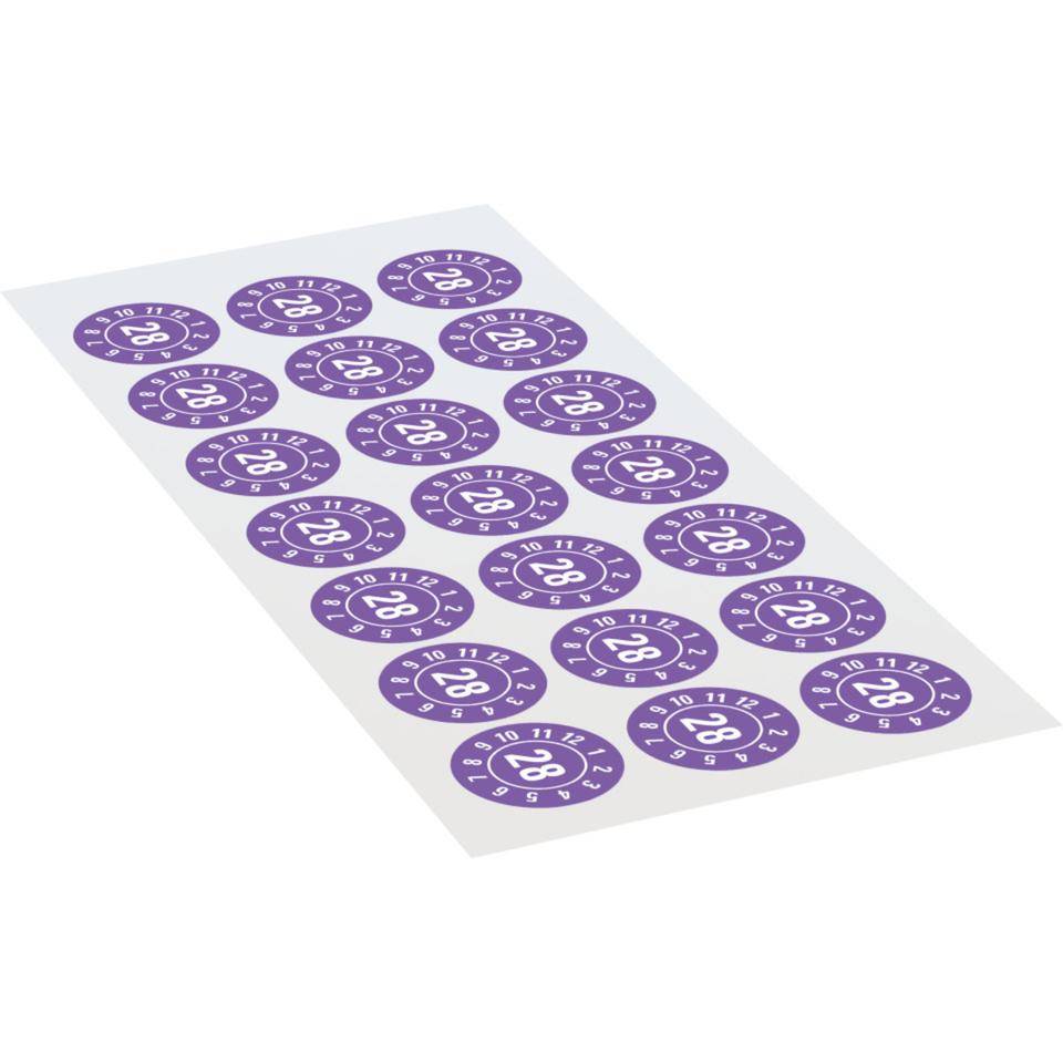 Prüfplakette 28, violett, Dokumentenfolie mit Spezialkleber, Ø25mm, 21/Bogen