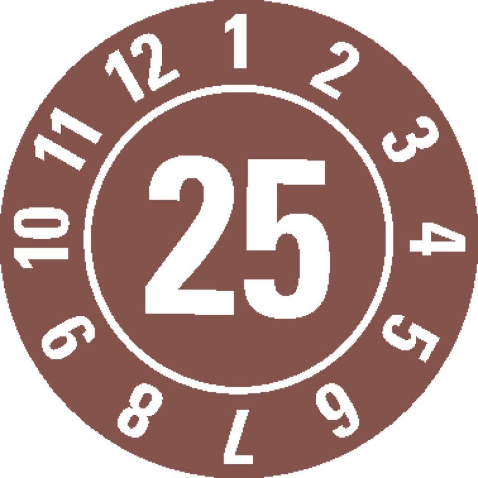 Prüfplakette 25, braun, Folie, ablösbar, Ø 10mm, 128/Bogen