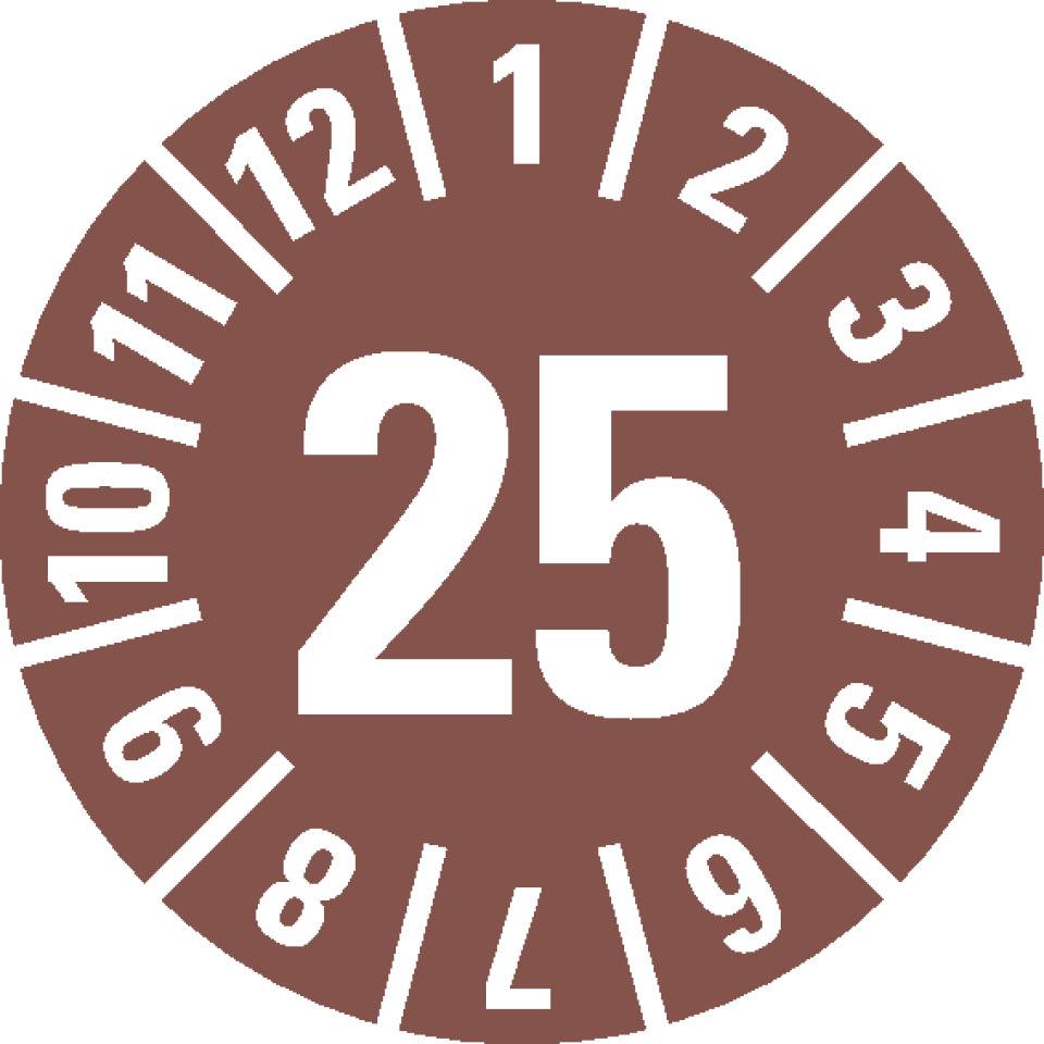 Prüfplakette 25, braun, Schachbrettfolie, selbstklebend, Ø 15mm,60/Bogen