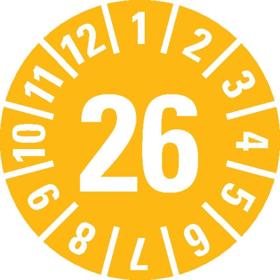 Prüfplakette 26, gelb, Schachbrettfolie, selbstklebend, Ø 15mm, 60/Bogen