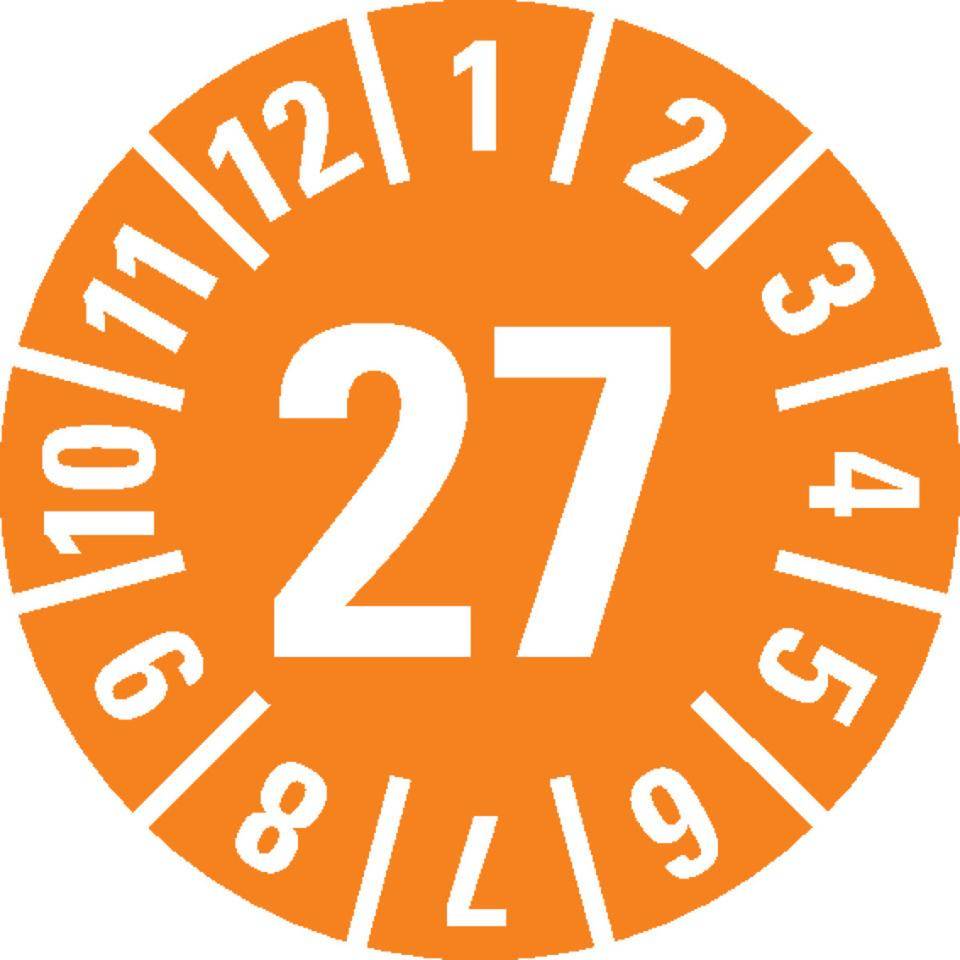 Prüfplakette 27, orange, Schachbrettfolie, selbstklebend, Ø 15mm, 60/Bogen