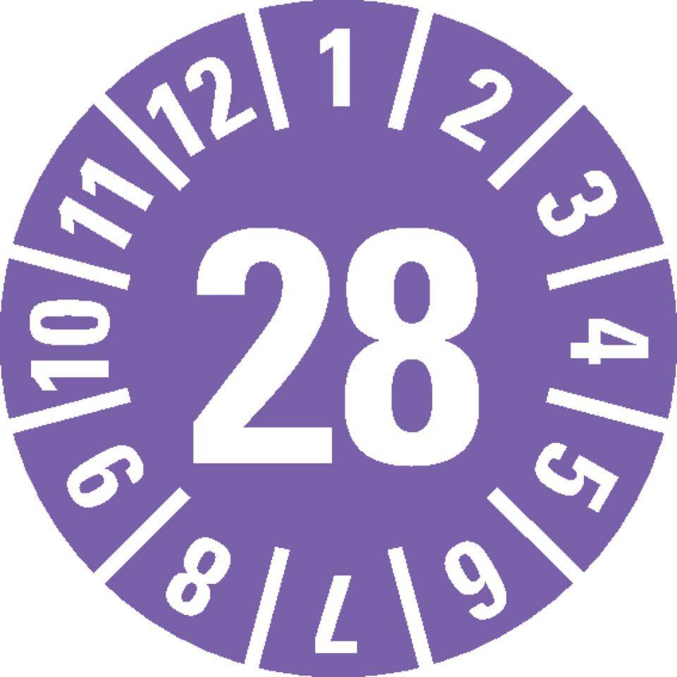 Prüfplakette 28, violett, Schachbrettfolie, selbstklebend, Ø 15mm, 60/Bogen