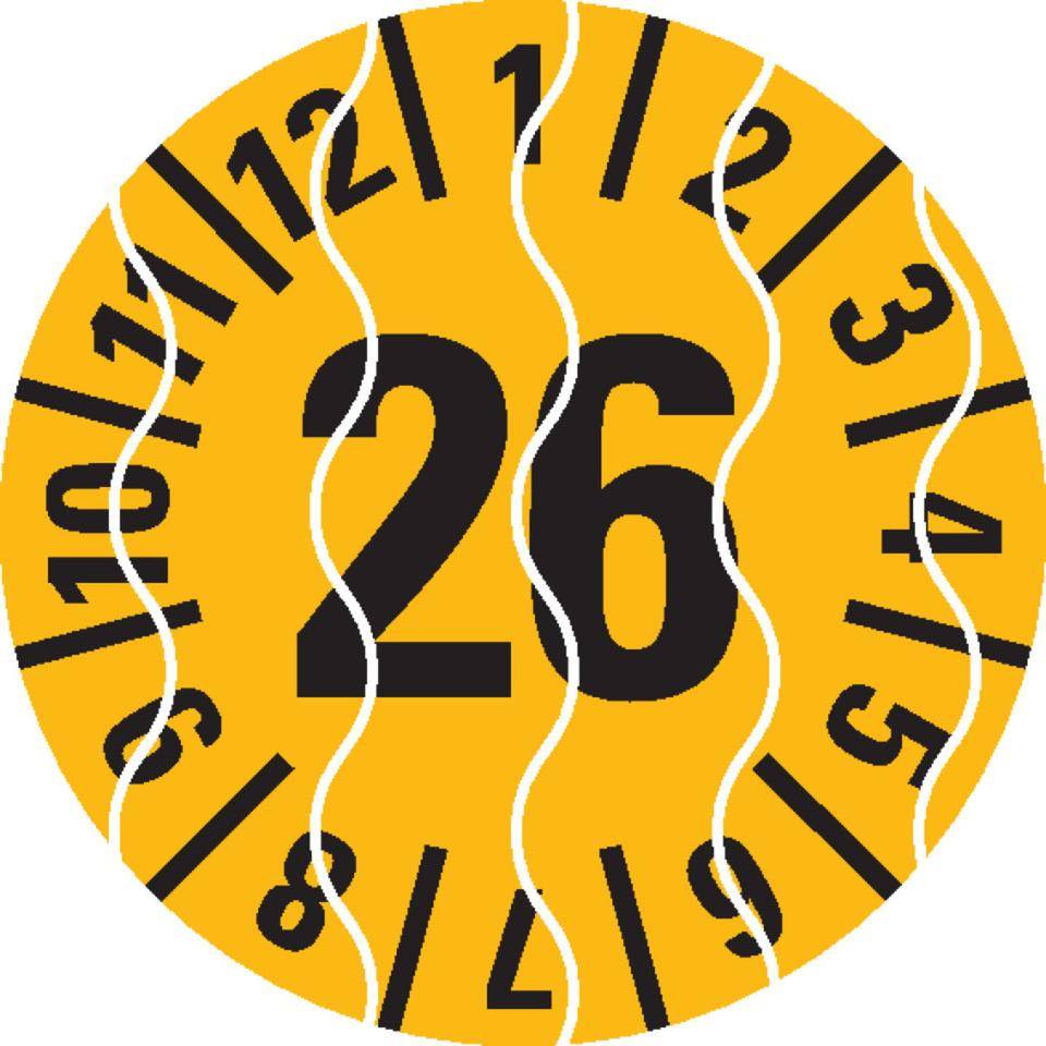 Prüfplakette 26, gelb, Sicherheitsfolie, selbstklebend, Ø 15mm, 60/Bogen