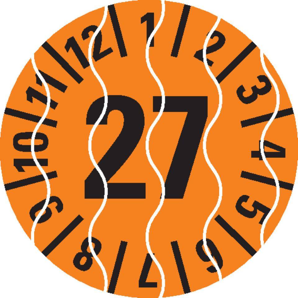 Prüfplakette 27, orange, Sicherheitsfolie, selbstklebend, Ø 15mm, 60/Bogen