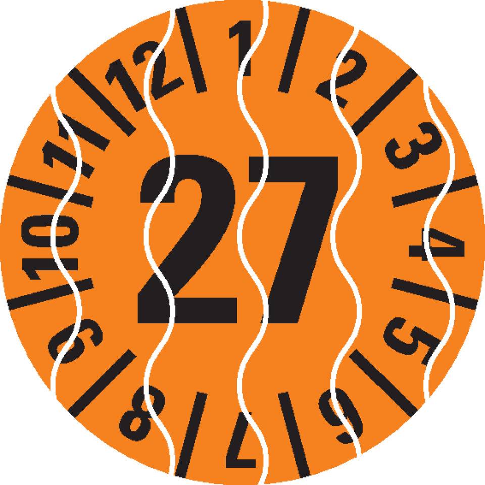 Prüfplakette 27, orange, Sicherheitsfolie, selbstklebend, Ø 15mm, 60/Bogen