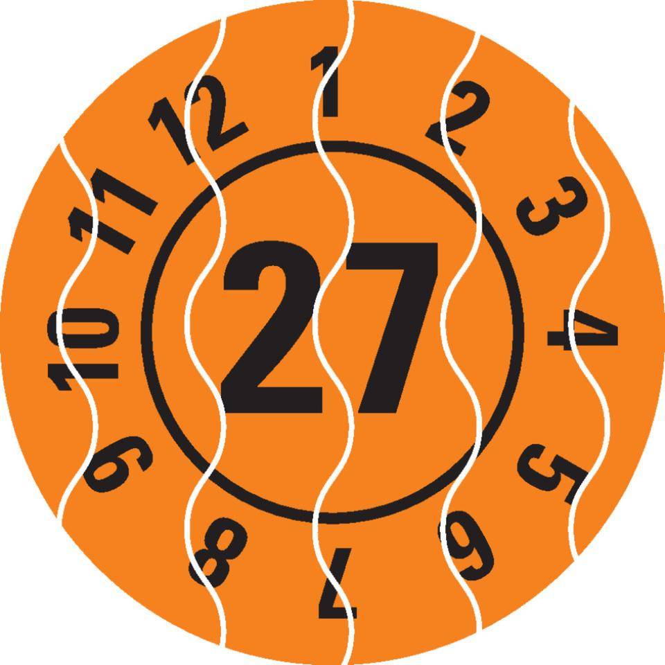 Prüfplakette 27, orange, Sicherheitsfolie, selbstklebend, Ø 25mm, 21/Bogen