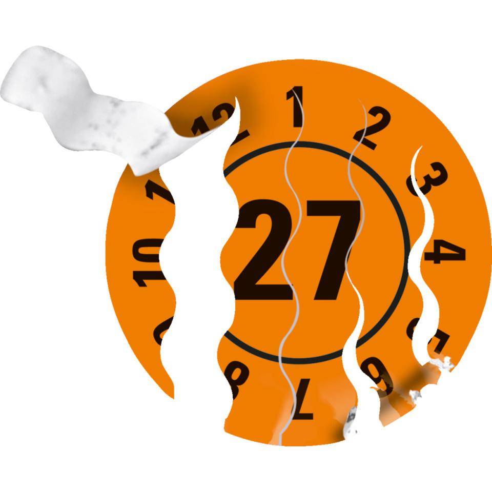 Prüfplakette 27, orange, Sicherheitsfolie, selbstklebend, Ø 25mm, 21/Bogen