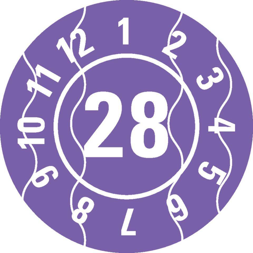 Prüfplakette 28, violett, Sicherheitsfolie, selbstklebend, Ø 25mm, 21/Bogen