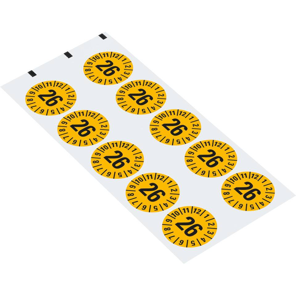 Prüfplakette 26, gelb, Dokumentenfolie, selbstklebend, Ø 35mm, 10/Bogen