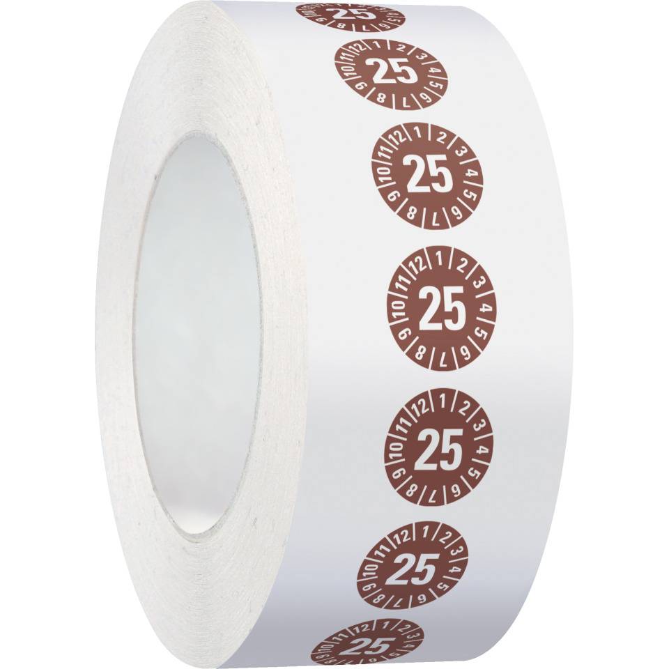 Prüfplakette 25, braun, Folie, ablösbar, Ø 15mm, 1000/Rolle