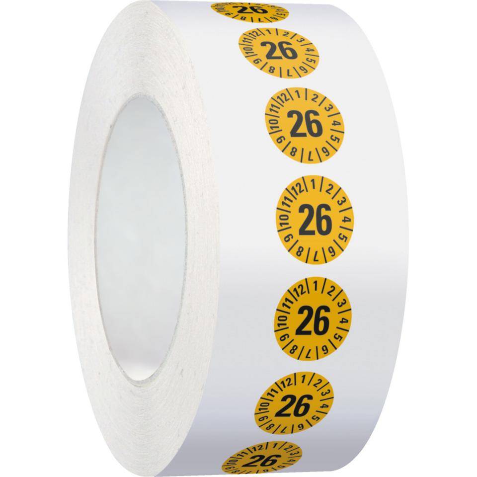 Prüfplakette 26, gelb, Dokumentenfolie, selbstklebend, Ø 15mm, 1000/Rolle