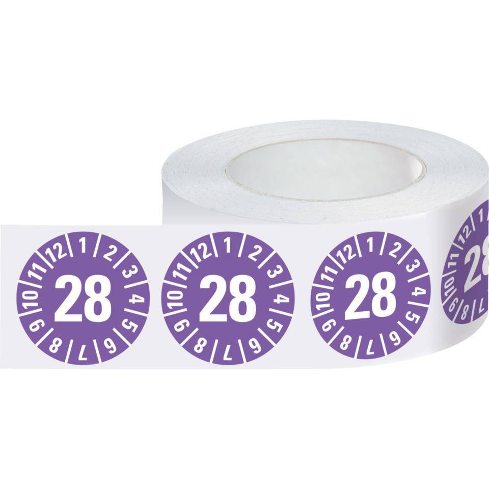 Jahresprüfplakette 28, violett, Folie, ablösbar, Ø 30mm, 500/Rolle