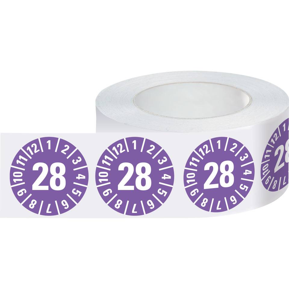 Prüfplakette 28, violett, Dokumentenfolie, selbstklebend, Ø 15mm, 1000/Rolle