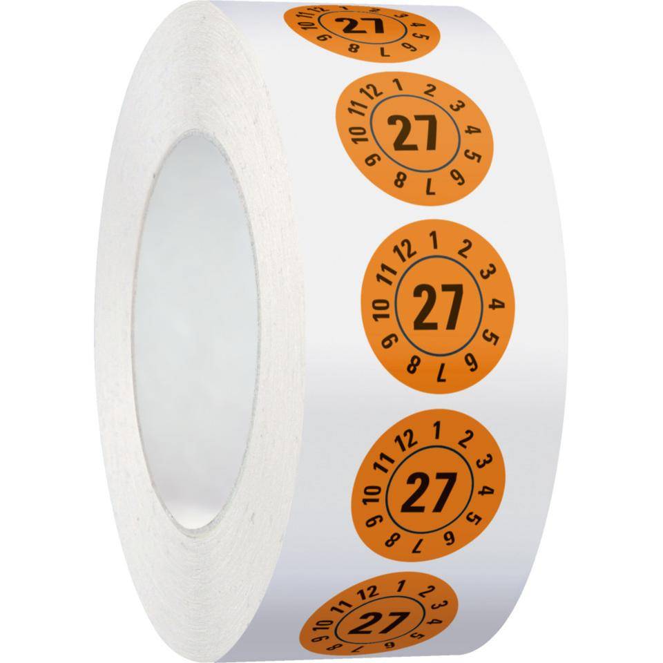 Prüfplakette 27, orange, Dokumentenfolie, selbstklebend, Ø 25mm,500/Rolle