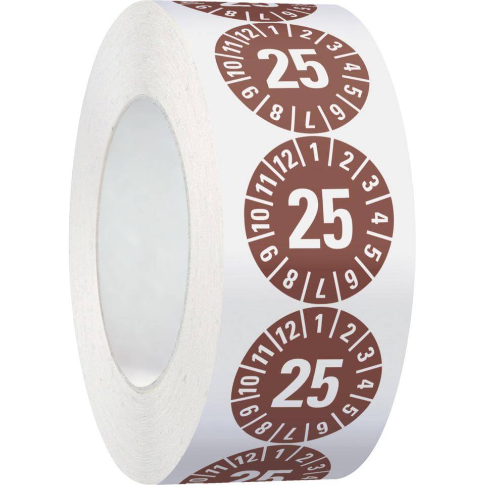 Prüfplakette 25, braun, Dokumentenfolie, selbstklebend, Ø 35mm, 500/Rolle