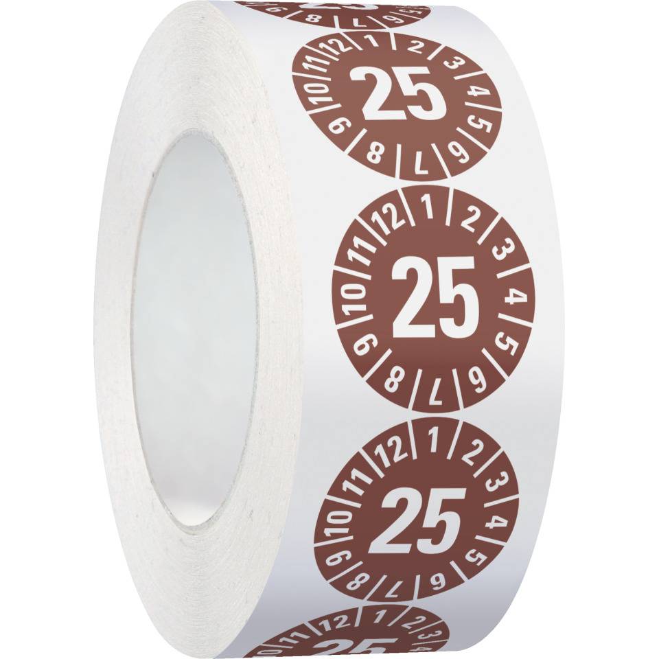 Prüfplakette 25, braun, Folie, ablösbar, Ø 35mm, 500/Rolle