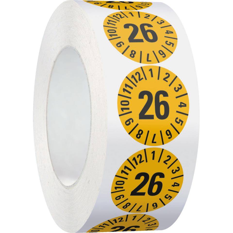 Prüfplakette 26, gelb, Dokumentenfolie, selbstklebend, Ø 35mm, 500/Rolle