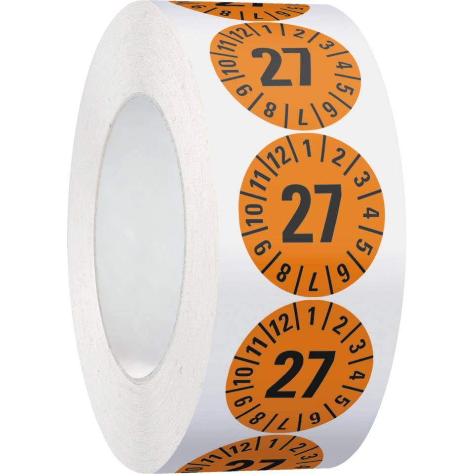 Prüfplakette 27, orange, Folie, ablösbar, Ø 35mm, 500/Rolle