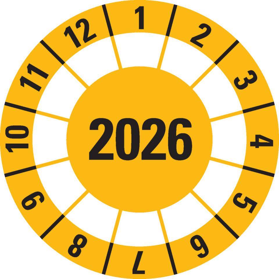 Prüfplakette 2026, gelb, Dokumentenfolie, selbstklebend, Ø40mm, 10/Bogen