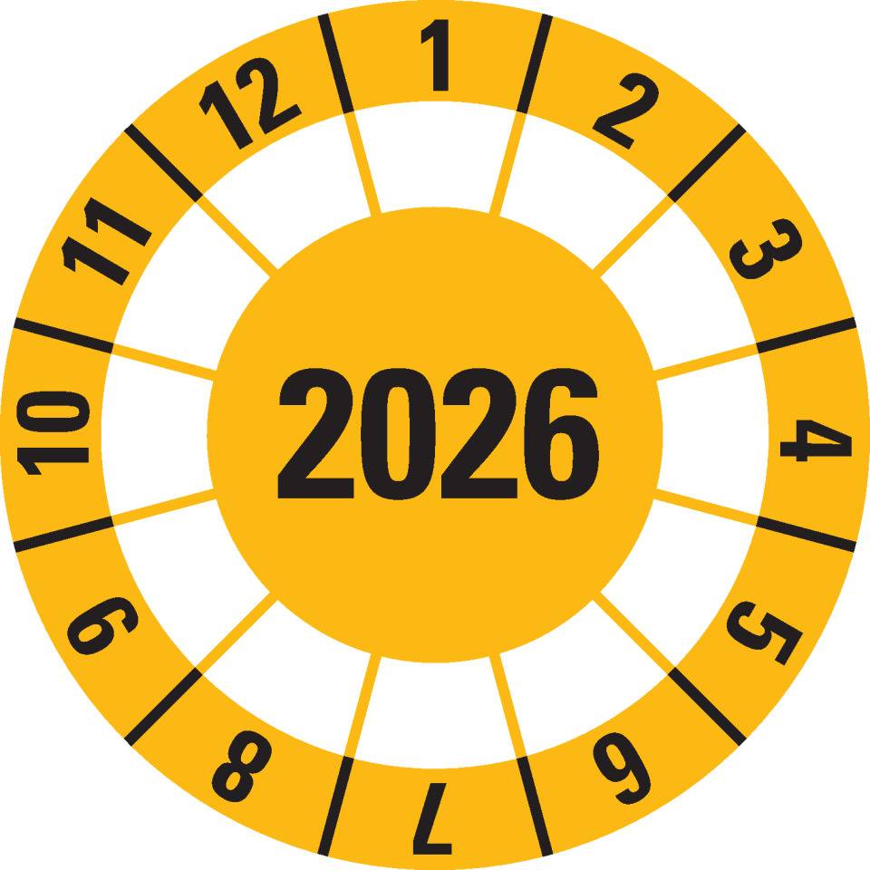 Prüfplakette 2026, gelb, Dokumentenfolie, selbstklebend, Ø40mm, 10/Bogen