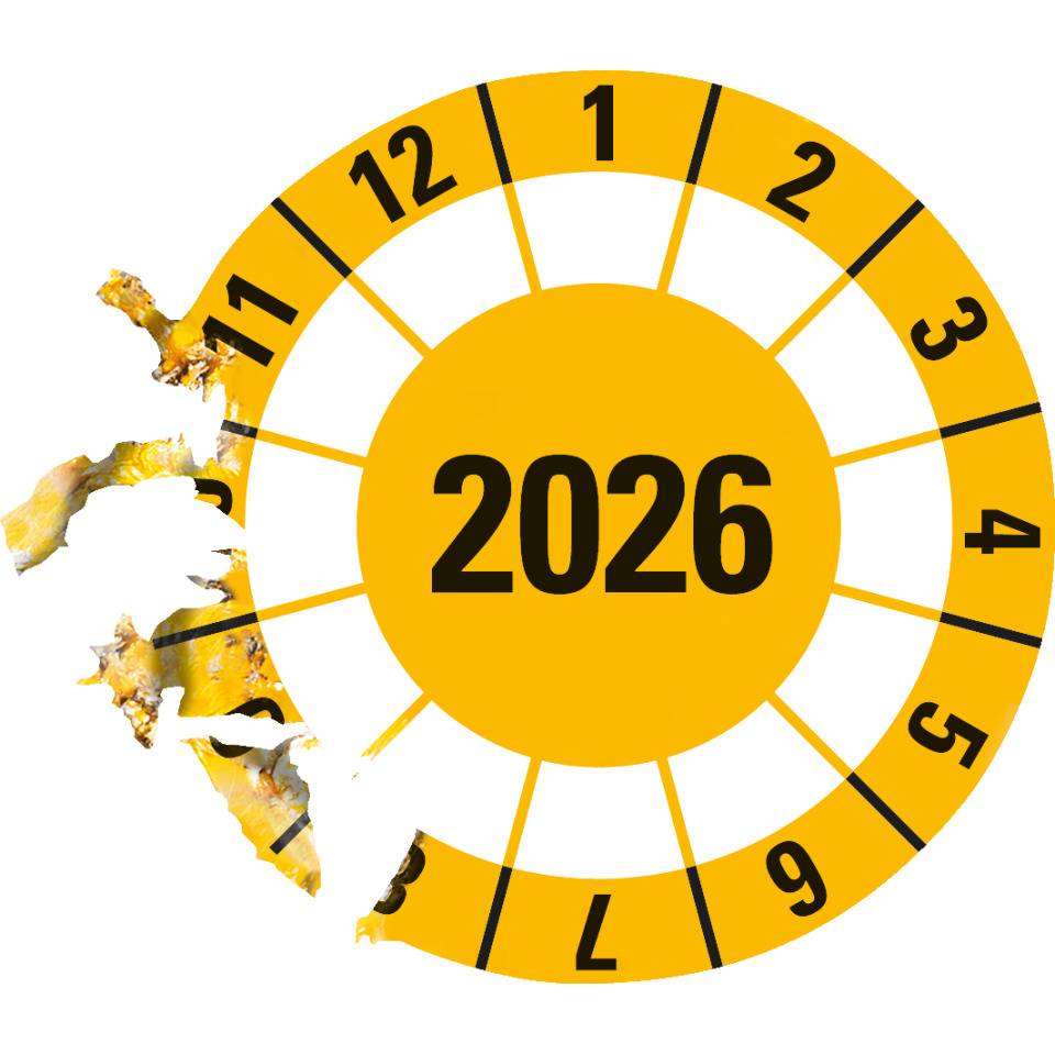 Prüfplakette 2026, gelb, Dokumentenfolie, selbstklebend, Ø40mm, 10/Bogen
