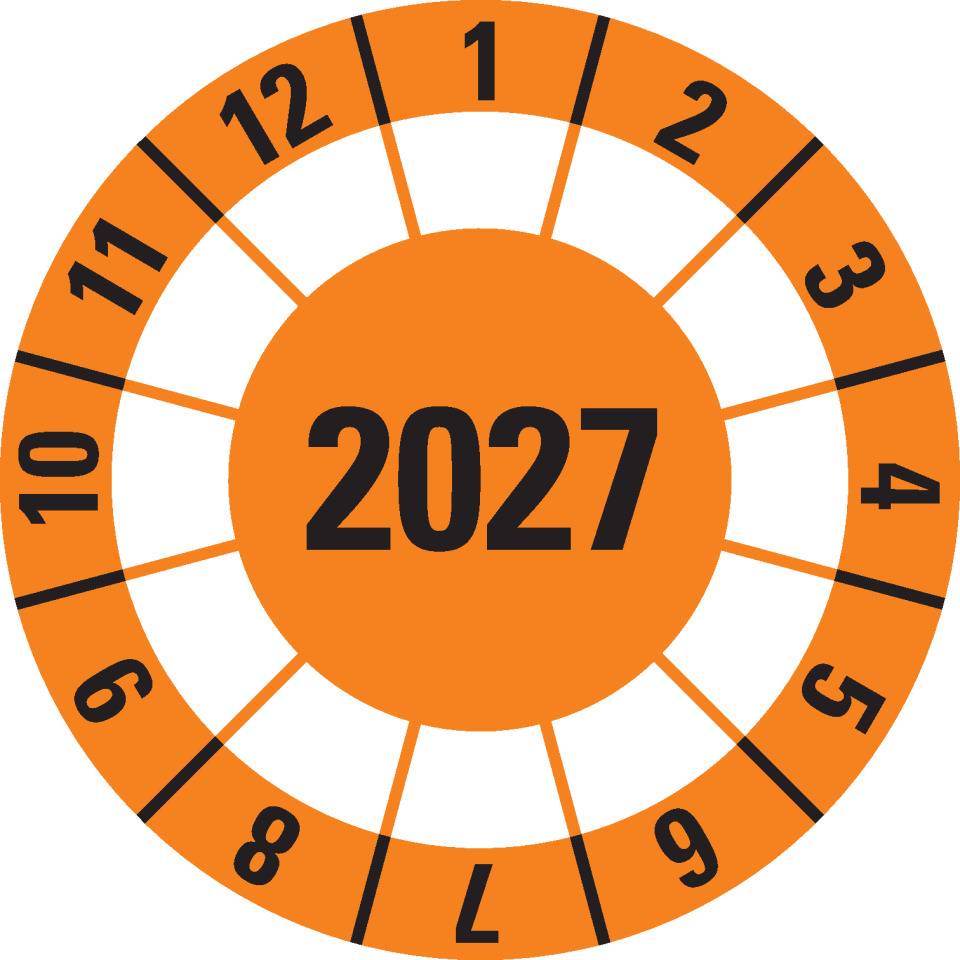 Prüfplakette 2027, orange, Dokumentenfolie, selbstklebend, Ø40mm, 10/Bogen
