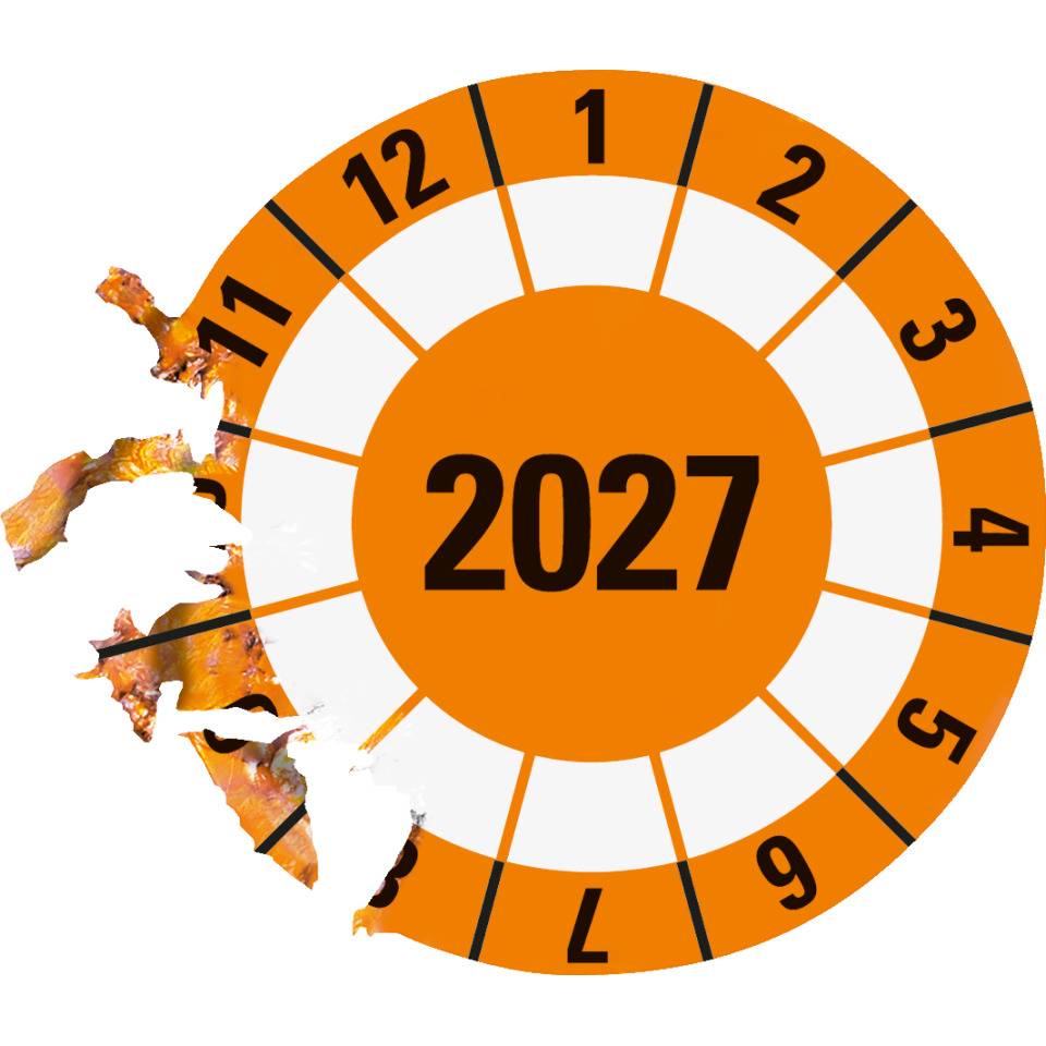 Prüfplakette 2027, orange, Dokumentenfolie, selbstklebend, Ø40mm, 10/Bogen