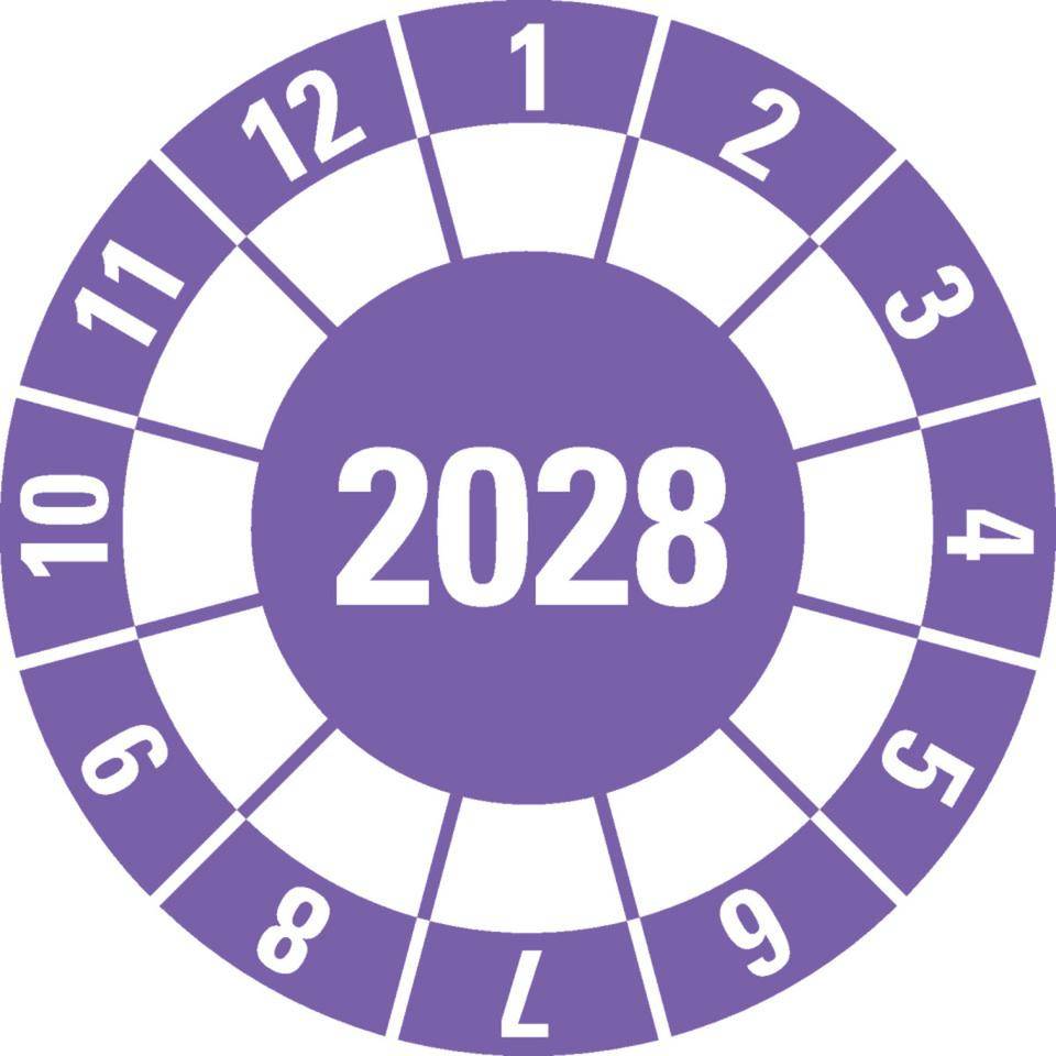 Prüfplakette 2028, violett, Dokumentenfolie, selbstklebend, Ø40mm, 10/Bogen