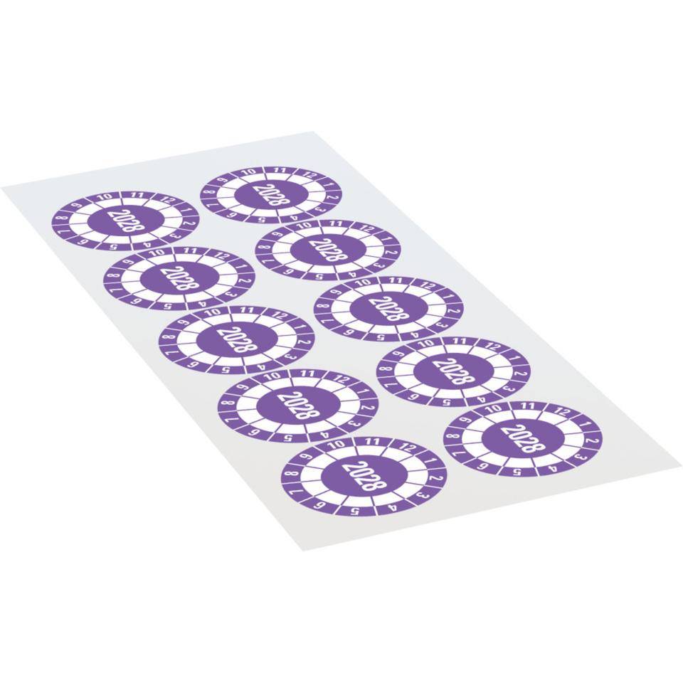 Prüfplakette 2028, violett, Dokumentenfolie, selbstklebend, Ø40mm, 10/Bogen