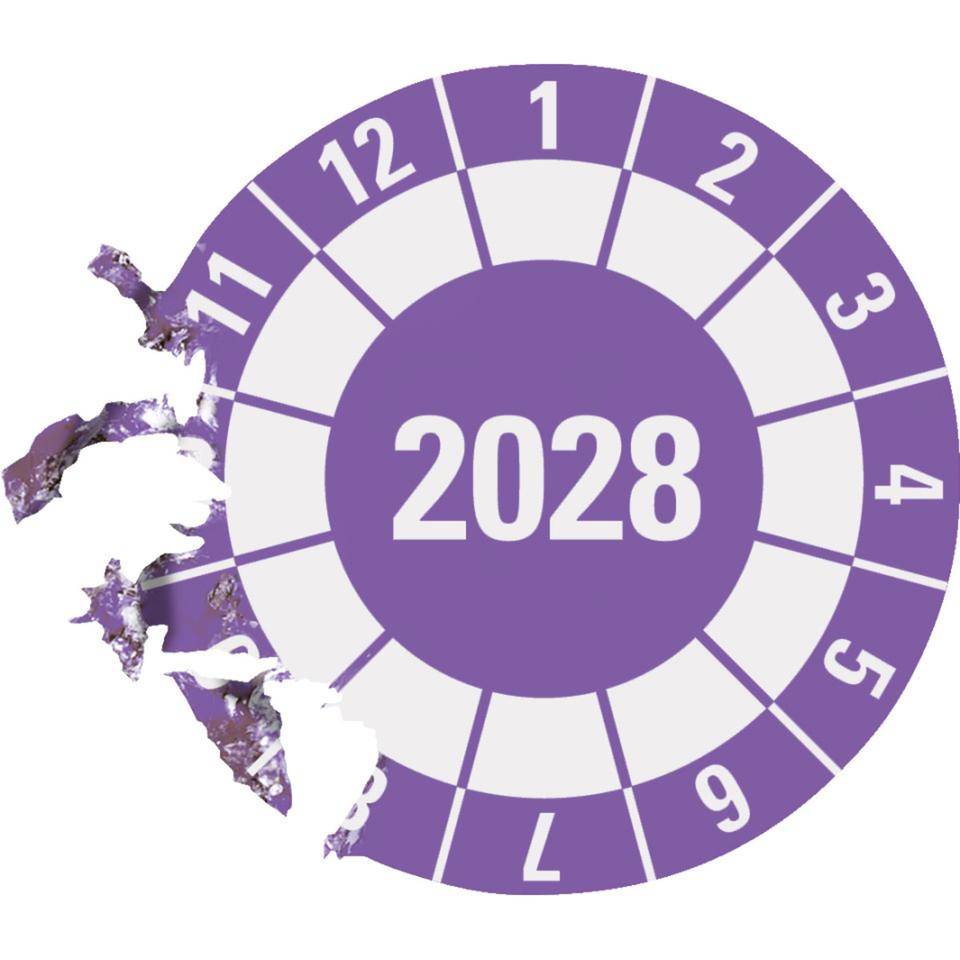 Prüfplakette 2028, violett, Dokumentenfolie, selbstklebend, Ø40mm, 10/Bogen